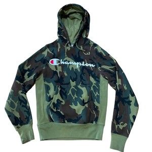 Champion Mens Hoodie Sweatshirt Size Small S Green Camo Fleece Pullover Big Logo